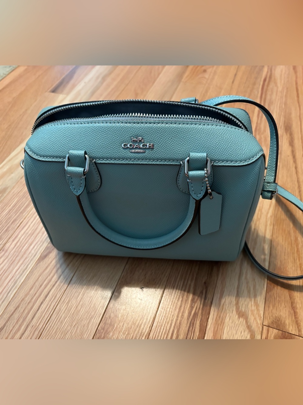 COACH Rowan Pebbled Leather Satchel in Aqua Blue
